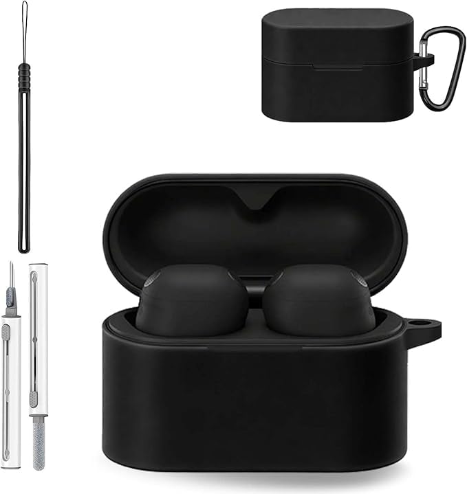 Silicone Case Cover Compatible with Earbuds, Black Soft Skin with Keychain, Washable & Sweatproof, Full Protective Case for Men and Women