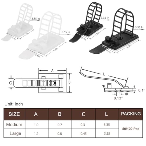 100Pcs Adhesive Cable Management Clips with 50Pcs Zip Ties, Adjustable Nylon Cable Strap Ties Wire Clips Clamps Organizer, Extra Screw & Hole - 3.35 Inch White - color: White, size: M-100pcs