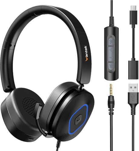 Wantek Headset with Mic, USB Headset with Microphone for PC | Computer Headset with Noise Canceling Mic, Mute & Volume Controls for Work, Zoom, Teams, Online Meetings, Home Office - color: Dark black