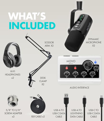 Movo Pro Portable Podcast Equipment Bundle for iPhone/Android Phones- Podcast Kit with Audio Interface, 2 UM6 Dynamic Mics, 2 Headphones, 2 Boom Arms - for Smartphones, Computers, PC, Mac - style: with Boom Arms and Headphones