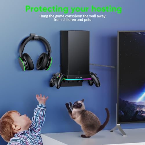 RGB Wall Mount for Xbox Series X -Sturdy Shelf Holder Load Up 10Kg | Integrated Ventilation, RGB Light, 3 USB Port, Prevent Falling, 2 Holder, Headphone Stand & Dust Cover Kit - Wall