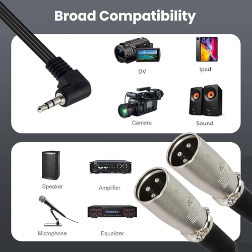 Seadream 3.5mm to Dual XLR Audio Cable, Professional 3.5mm (1/8") Angle Male TRS to 2 XLR Male Y-Splitter Adapter, Black, 90-Degree Connector, Compatible with Cameras, Speakers, Microphones (6FT) - size: 6FT