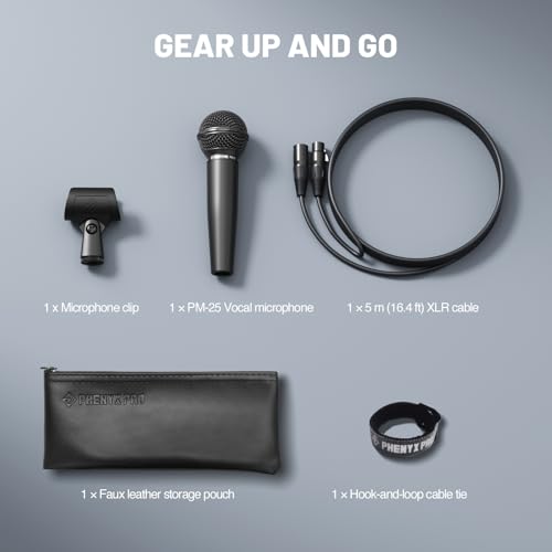 Phenyx Pro Cardioid Dynamic Wired XLR Microphone PM-25 | Wired Microphone with 16.4 ft XLR Cable, Mic Clip, Storage Bag, Handheld Mic for Singing, Stage, Studio, Karaoke, speaking