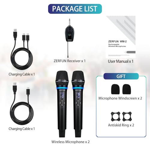Dual Wireless Microphones Rechargeable, UHF Metal Wireless Mic System Cordless Microphone Professional with Echo VOL Channel Control for Karaoke Singing Church Events - style: WM-2 C