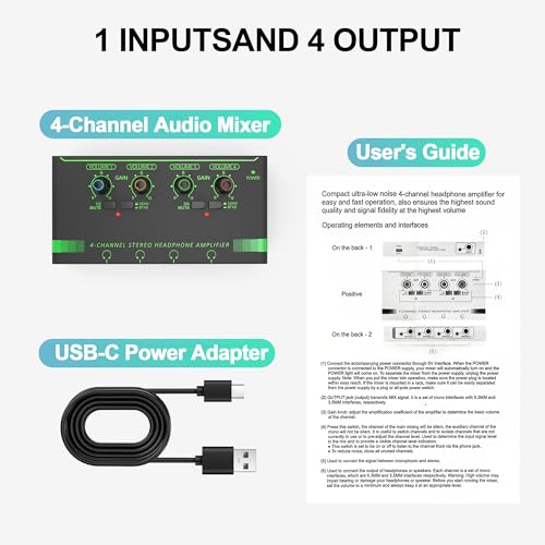 HOSONGIN 4 Channel Headphone Amplifier, Portable Mini Earphone Splitter with Independent Volume Control, Low Noise Stereo Output, Compatible with 1/4" & 1/8" TS/TRS, Ideal for Studio Stage
