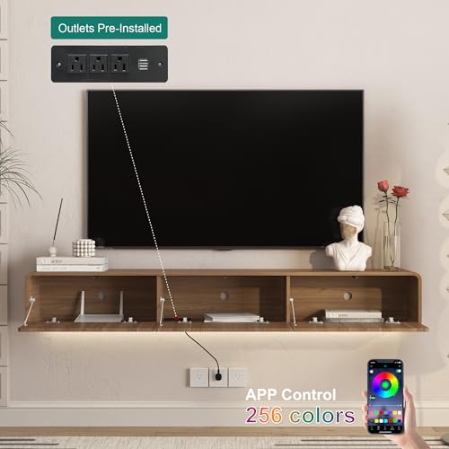 69" Wall Mount Floating Media Storage Cabinet, RGB LED Media Console, Large Storage TV Console Stand for Home Entertainment Areas, Wood