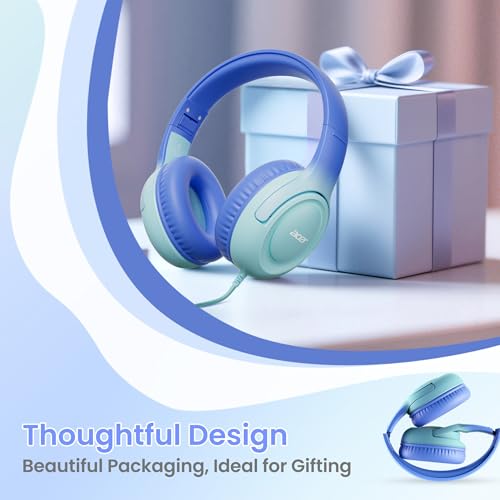 Acer Kids Headphones for School, 85-94dB Limiter, 3.5mm Jack, w/Mic HK03 | Foldable Wired Over Ear Headphones, for Toddler School/Travel/iPad/Tablet, Blue-Gradient - color: Blue Gradient