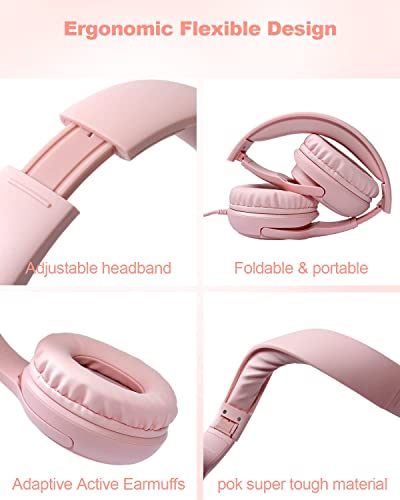 Kids Headphones with Microphone Foldable Stereo Tangle-Free 3.5mm Jack Wired Cord On-Ear Headset for Children/Teens/Boys/Girls/Smartphones/School/Kindle/Airplane Travel/Plane/Tablet (Pink) | 3.5mm Jack, HD Mic, Portable Wired Headphone with Shareport, Ste