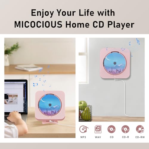 MICOCIOUS Portable CD Player with Bluetooth Desktop CD Player for Home CD Music Players with Remote Control,Timer,Built-in Dual Speakers with LED Display Home Audio Boombox FM Radio (Pink) - color: Pink