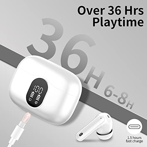 Btootos Wireless Earbuds Bluetooth 5.4 Headphones Bass Stereo Ear Buds with Noise Cancelling Mic LED Display in Ear Earphones IP7 Waterproof 36H Playtime for Laptop Pad Phones Sports Workout White | Ear Buds with Noise Cancelling Mic LED Display, 36H, IP7