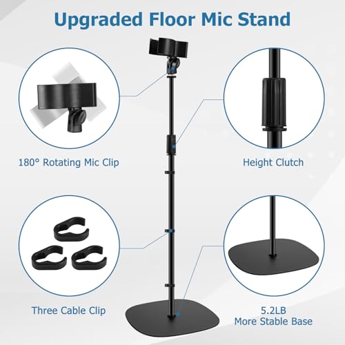Microphone Stand Floor, Boom Mic Stand with Weighted Base | 45''-75'' Height Adjustable, 2 Clips & 3/8'' to 5/8'' Adapter Compatible with Blue Yeti HyperX QuadCast Shure SM58 - size: Mic Stand Floor
