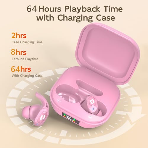 Wireless Ear buds Bluetooth Earbuds Stereo Bass Built in Mic Headphones LED | Power Display Waterproof Wireless Charging Case 64H Playback for iPhone Android Phones Computer Sports Gaming Workout Running - color: Pink