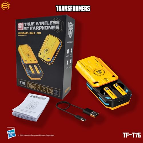 Transformers Earbuds T76, Bluetooth 6.0 Wireless Gaming Earbuds with Mic, Low Latency in Ear Earbuds, 13mm Drivers, HD Calling, 40H Playtime, Zinc Alloy Case (Bumblebee Yellow) - color: Bumblebee Yellow