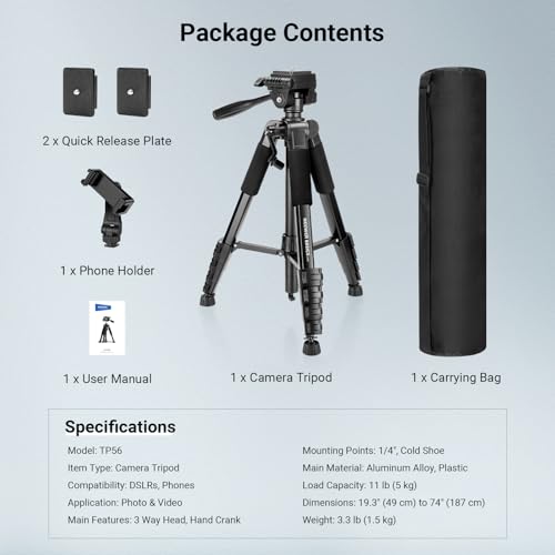 NEEWER Basics TP56 Camera Tripod, 74" Tripod with Cell Phone Holder Mount | Compatible with iPhone for Video Recording, Professional Aluminum Lightweight Portable Travel Stand, 3 Way Pan Tilt Head - style: TP56