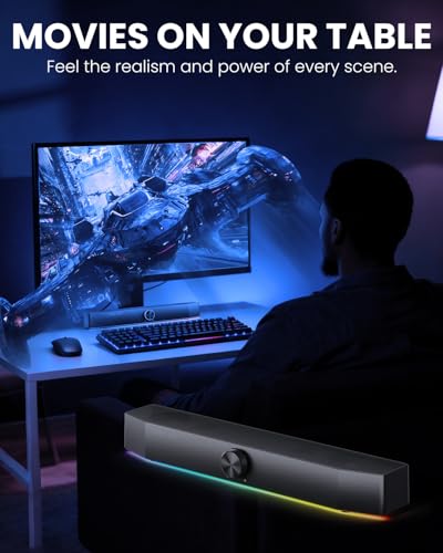 Computer Speakers for Desktop, 2.0 Channel PC Speakers with Bottom Glow LED Light, Clear Sound Soundbar for Desktop Laptop Monitor, 3.5mm Aux Input, USB Powered, Black