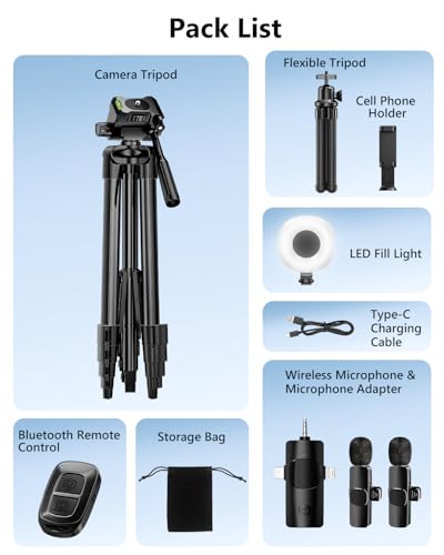 UBeesize Vlogging Kit for Phone with 2 Wireless Mics, 2 Tripods & LED Light