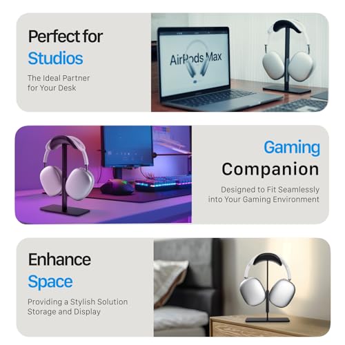 Headphone Stand for AirPods Max 2 & 1 Auto Sleep Mode, Black | Aluminum Pole & Stable Base, Anti-Scratch ABS Headset Holder, Anti-Scratch Touch Surface, Universal Compatibility - color: Black