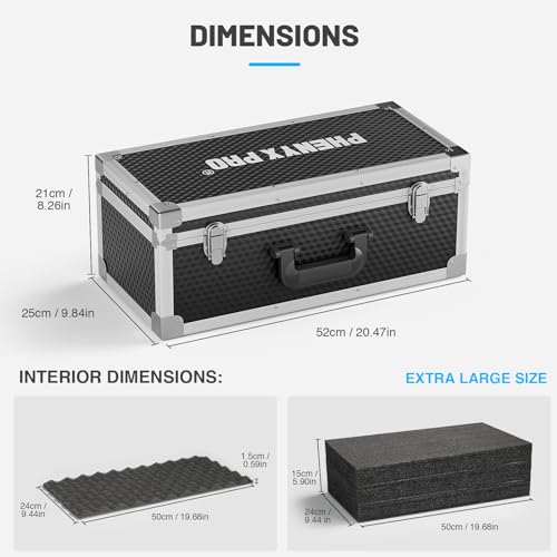 Phenyx Pro Carrying Case with Customizable Pre-Diced Foam Foam PCSE-XL | Aluminum Alloy Sturdy Build, 3-layer Form, Protective Gear Storage, Wireless Mic Systems, Camera Gear, Equipment Transport - size: Extra Large (20.4×10.2×7.9 Inch)