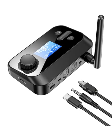 KAIY Bluetooth Transmitter for TV to Dual Headphones AUX Adapter | Bluetooth Adapter with LCD Display Adjustable Volume, Bluetooth Receiver for Home Stereo, Support 3.5mm/Optical/TF Card
