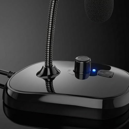USB Computer Microphone, Desktop Gooseneck Condenser Mic with Mute Button & Volume Control, 360° Flexible Plug & Play Audio