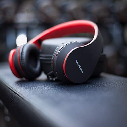 PowerLocus Wireless Bluetooth Over-Ear Stereo Foldable Headphones, Wired Headsets Rechargeable with Built-in Microphone for iPhone, Samsung, LG, iPad (Black/Red) - color: Black/Red