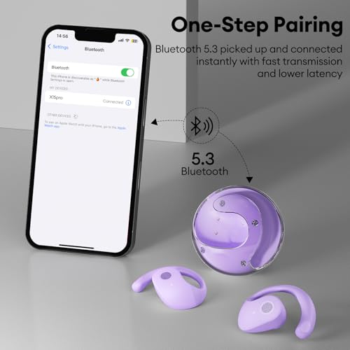 PAXA T26 Pro Open Ear Earbuds Running Headphones Over The Ear Earbuds | Lightweight Ear Buds OWS Wireless Bluetooth Hook Design Ipx4 Water Resistant,Touch Control for Sport,Workout,Running,Purple