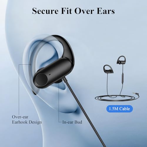 Wired 3.5mm Jack Earbuds with Mic Over Ear Headphones for iPod Laptop Black | for Android Smartphones Running Sport Headset Airplane School Students Noise Isolation Volume Control 3.5mm Earphones