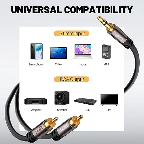 3.5mm to RCA Cable 15FT, 2 Male RCA to Aux Stereo Audio Adapter, Hi-Fi Sound Auxiliary Y Splitter Cord, Shielded 1/8 to 2RCA Cable for Headphone, MP3, Tablet, Speaker, HDTV, Phone and More - size: 15 Feet