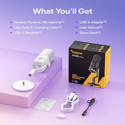 MAONO PD100W Wireless Dynamic Microphone for iPhone, Android & PC (White) | USB-C & Lightning Receivers, Noise Reduction,RGB Lighting, Software EQ, for Gaming, Streaming and Content Creation - color: White