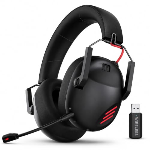 2.4G Wireless Gaming Headset for PC, Over Ear Gaming Headphones with Detachable ENC Noise Cancelling Mic, 50mm Driver 3D Surround Sound, Lightweight Comfort Earpads,