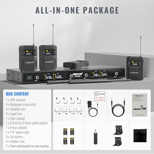 Phenyx Pro 4-Ch UHF Headset/Lapel Wireless Microphone System PTU-5200-4B | 4 Bodypacks, 4 x 25 Frequencies, 200 ft Range, Hands-Free Vocals, Stage Performances, Church Services