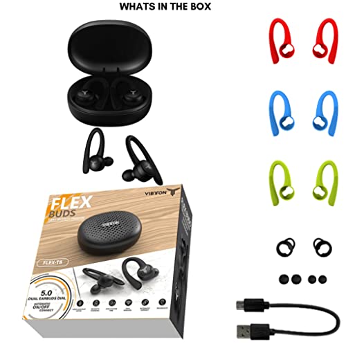 True Wireless Earbuds, Dual Microphone and Replaceable Ear-Hooks, Bluetooth 5.0, Waterproof Sport Design for Outdoor Gym Workout
