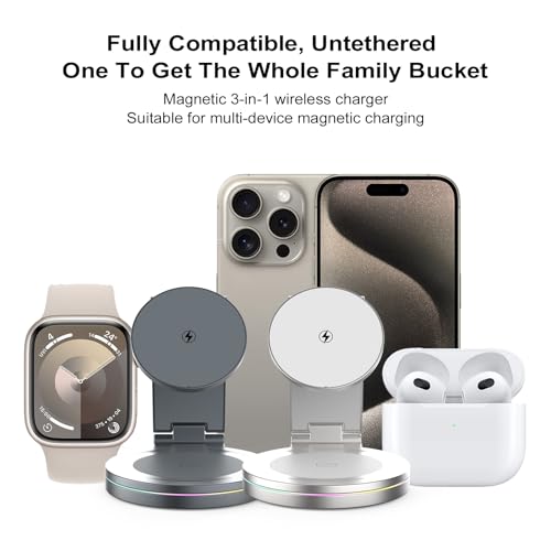 Foldable 360º Rotatable Zinc Alloy 3-in-1 Magnetic Wireless Charger,3 in 1 Charging Station,Charging Stand,15W for iPhone 12-17,5W for Apple Watches, AirPods (Adapter Included) (Gray) - color: gray