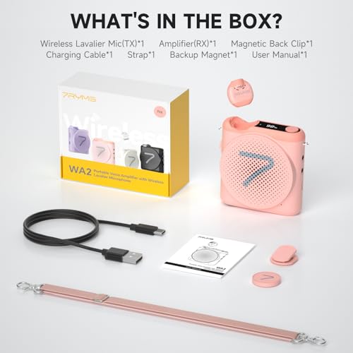 7RYMS WA2 Wireless Voice Amplifier for Teachers with Magnetic lavalier Mic, Wireless Portable Amplifier with Noise Canceling, Mini Voice Amplifier for Classroom, Meeting, Training, Speech (Pink) - color: Pink