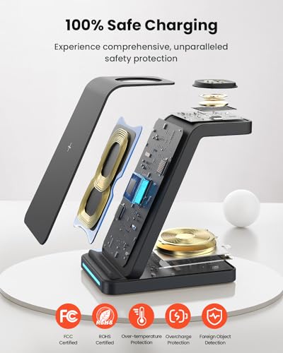 Wireless Charger for Fitbit Charging Station - GEEKERA 3 in 1 Phone Charger Stand for Fitbit Watch Sense 2/Sense/Versa 4/3, iPhone, Samsung, Google Pixel Phones, Androids, Airpods 4/3/2 - color: Black