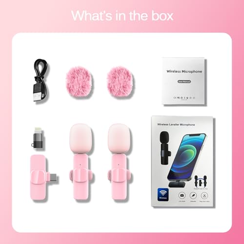 Pink Wireless Lavalier Microphone for iPhone & Android - Mini Clip-On Mic with Noise Cancellation, 65ft Range, 8H Battery, USB-C/Lightning - for TikTok, YouTube, Podcast, Live Streaming - color: Pink