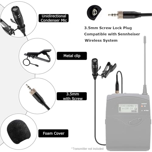 Lavalier Microphone Lapel Mic Compatible with Sennheiser Bodypack | Unidirectional Condenser Super Cardioid Clip-On Mic for Wireless Transmitter System with 3.5mm Female Screw Plug - style: 3.5mm Female Screw Plug Compatible with Sennheiser