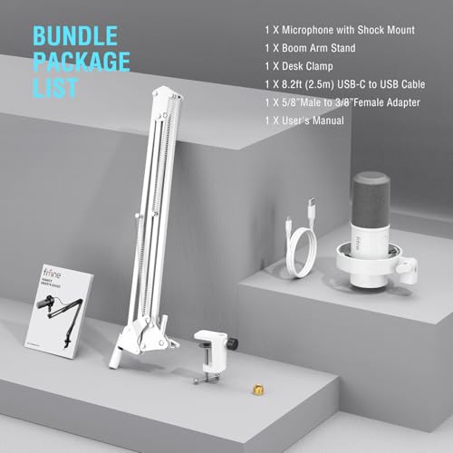 FIFINE XLR Dynamic Microphone with Boom Arm Kit for Vocal, Recording, Studio Podcast Mic Bundle with Metal Arm Stand, Tap-to-Mute, 3.5mm Headphone Jack for Streaming, Music Creation (K688W+CS1W)