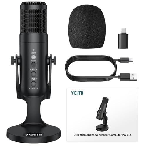 USB Condenser Microphone for Computer – Plug & Play PC Mic with Echo Mic Gain, Volume Control, and Mute Button – Cardioid Polar Pattern, Noise Cancelling, Headphone Output for Gaming, Streaming