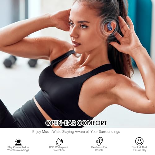 Open Ear Headphones, Translation Earbuds, Blue | HD Mic Wireless Earbuds, 48H Playtime LED Power Display - color: Dark blue