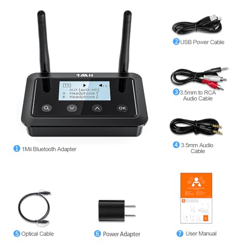 1Mii B03+ Bluetooth 5.3 Transmitter Receiver for TV Home Stereo | LCD Screen, aptX Adaptive/Low Latency/HD, Dual Link, Wireless Audio Adapter with Optical/RCA/3.5mm AUX, Soundbar Passthrough