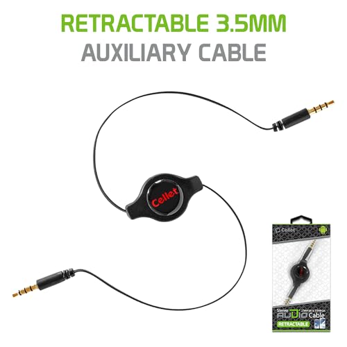 Cellet Retractable Stereo Auxiliary Cable – 32" Extendable Aux Cord for Car, Headphones, Speakers & More – Compact, Tangle-Free Design – 3.5mm Male to 3.5mm Male Audio Jack – Black