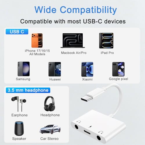 Kemsky USB C Double Headphone Splitter with PD 60W Fast Charging
