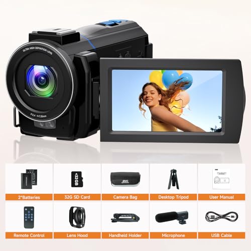 5K Video Camera Camcorder, 64MP UHD Vlogging Camera for YouTube with 16X Zoom, IR Night Vision, 3.0" Touch Screen, Stabilizer, Mic, 2 Batteries+32GB Card, Gift for Dad