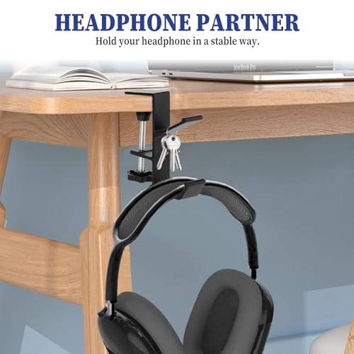 Jeffdad Metal Headphone Hook, Headphone Hanger with Double Hooks, Universal Aluminum Alloy Gaming Headphone Stand Under Desk, Non-Slip Adjustable Desk Headphone Hanger Hook