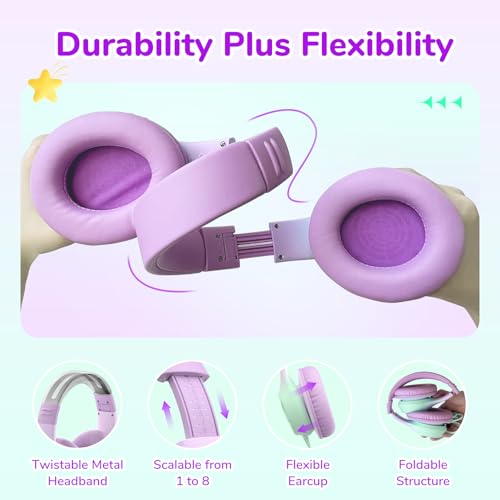 EarFun K3 Kids Headphones, Wired Kids Headphones with Mic for School/Travel | Built-in Mic, 85/94dB Volume Limit, HD Stereo Sound, 3.5mm Jack, Foldable Wired Headphones for Boys/Girls/Tablet/iPad, Purple - color: Purple