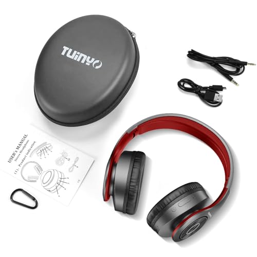 TUINYO Bluetooth Headphones, Over Ear Stereo Wireless Headset 40H Playtime with Deep Bass,Soft Memory-Protein Earmuffs,Built-in Mic Wired Mode PC/Cell Phones-Black red - color: Black/Red