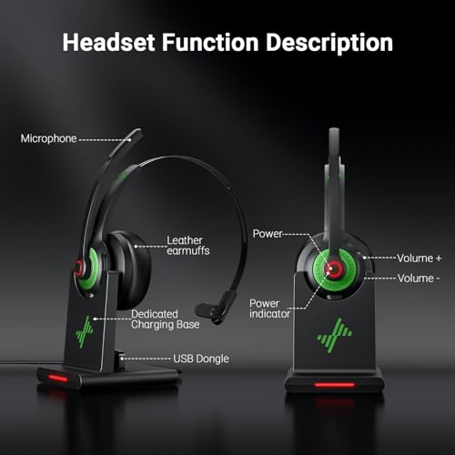 Bluetooth Wireless Headset with Mic for Work, Bluetooth 5.2, Advanced Noise Reduction Microphone, Clear Calls - Comfortable On-Ear Headphones, Applicable to PC, Laptop, Phone, Android, Zoom, Office - color: Black Green