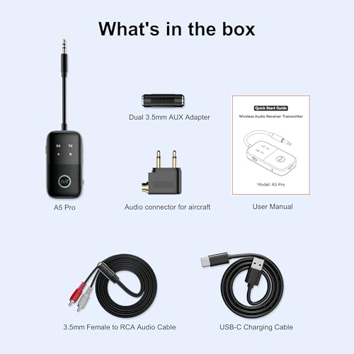 2-in-1 Bluetooth 5.2 Transmitter Receiver for TV/Airplane/Gym/Planes/Boat, Dual Link aptX Adaptive Low Latency Audio Adapter, Wireless Converter for 3.5mm Aux Jack, Supports 2 Headphones