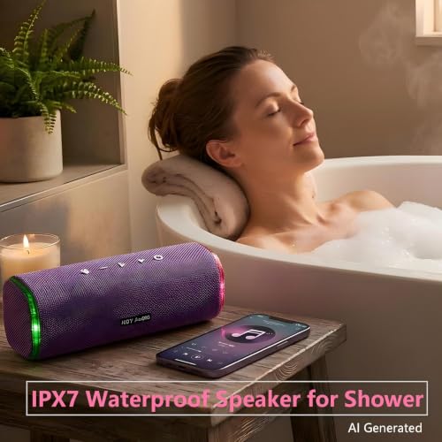 40W Bluetooth Shower Speaker, IPX7 Waterproof Floating Pool Speaker with Interactive Tap-to-Play Drum Beats, 25H Playtime, LED Lights, Built-in Mic for Hands-Free Calls in Bathroom, Purple - color: Purple
